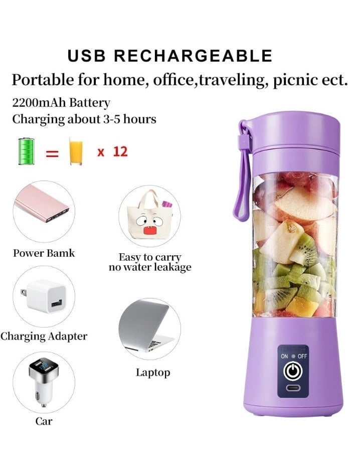 Hugifts Portable blender cup, electric USB juicer, portable juicer for smoothies and juices, 380 ml, six blades perfect for blending, light purple. - Image 5