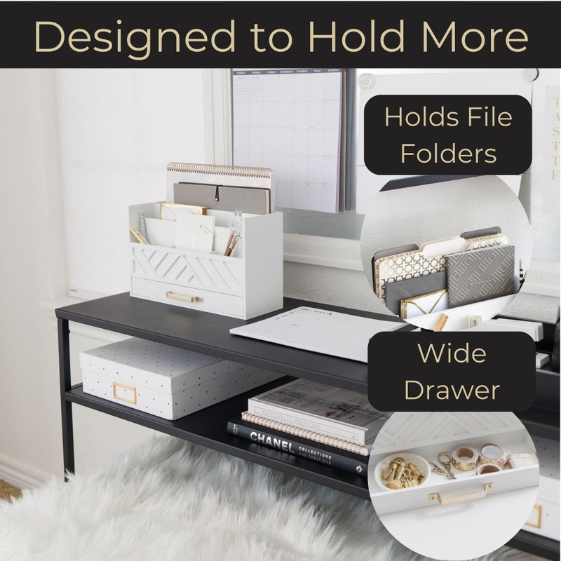 BLU MONACO | White Wooden Mail Organizer with Drawer & Gold Handle | Mail Sorter Organizer Countertop | Tabletop Organizer with Drawers & Outgoing Mail Holder - Image 4