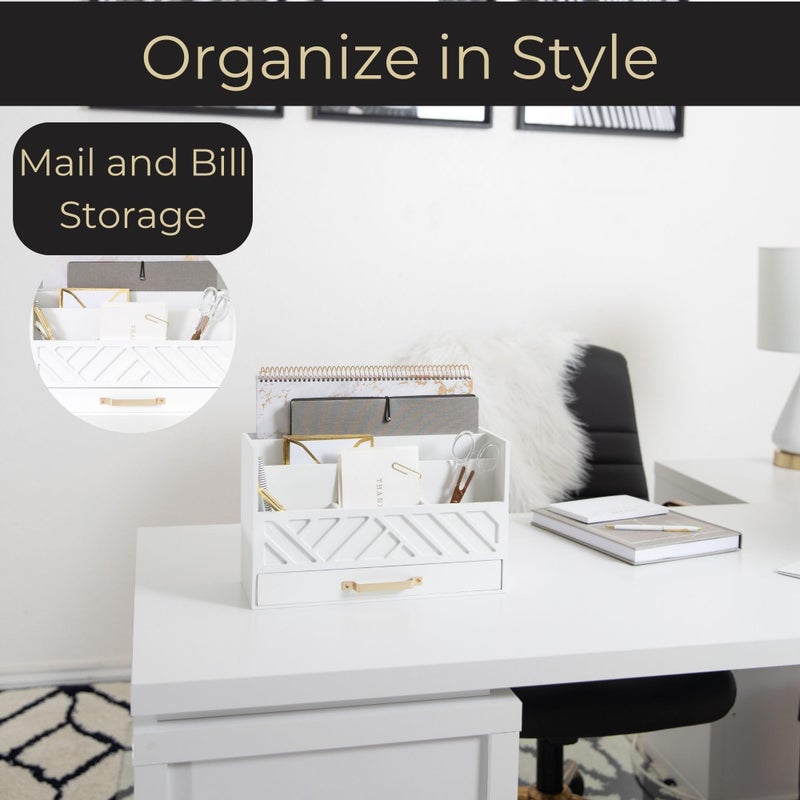 BLU MONACO | White Wooden Mail Organizer with Drawer & Gold Handle | Mail Sorter Organizer Countertop | Tabletop Organizer with Drawers & Outgoing Mail Holder - Image 2