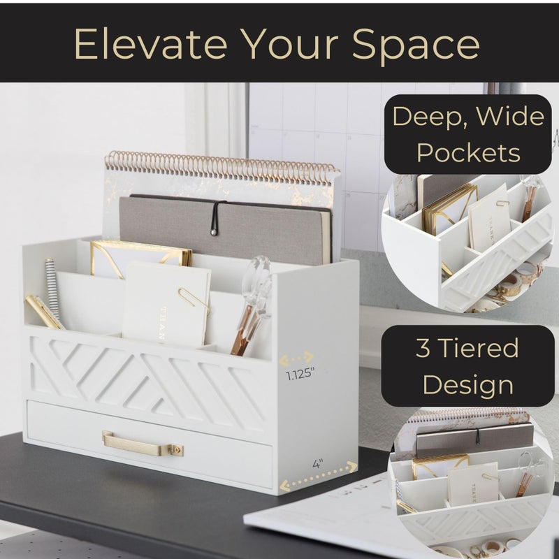 BLU MONACO | White Wooden Mail Organizer with Drawer & Gold Handle | Mail Sorter Organizer Countertop | Tabletop Organizer with Drawers & Outgoing Mail Holder - Image 3