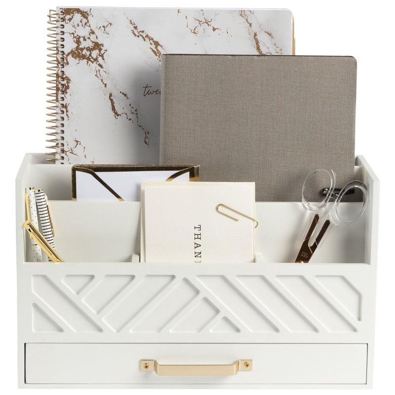 BLU MONACO | White Wooden Mail Organizer with Drawer & Gold Handle | Mail Sorter Organizer Countertop | Tabletop Organizer with Drawers & Outgoing Mail Holder - Image 1