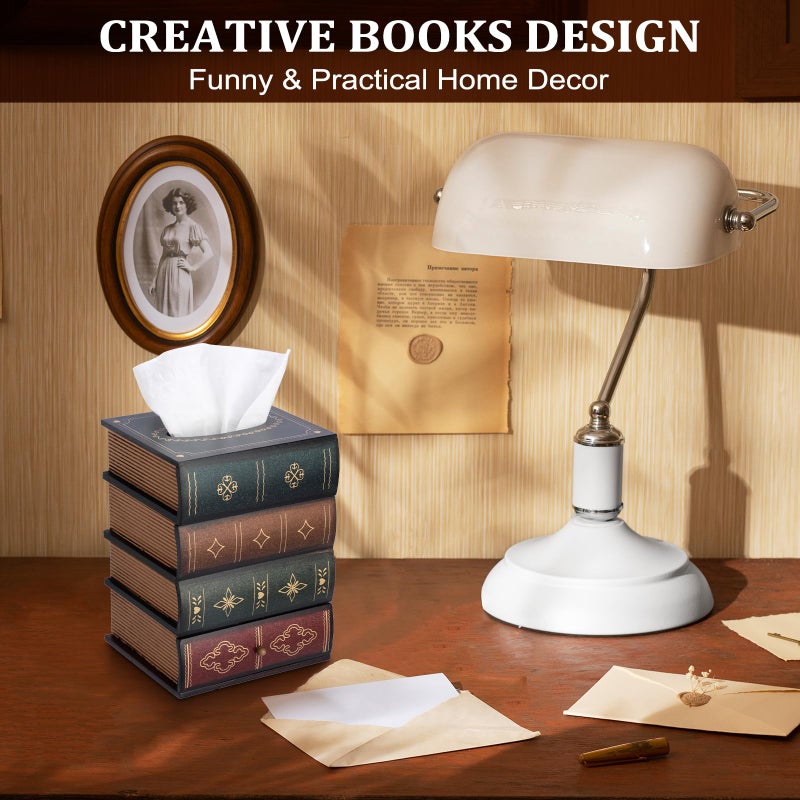 Hoowen Antique Wooden Book Tissue Holder with Storage Drawer, Square Tissue Box Cover Decorative Tissue Dispenser Case Retro Vintage Library Decor for Table Desk Bathroom Living Room Office - Image 3