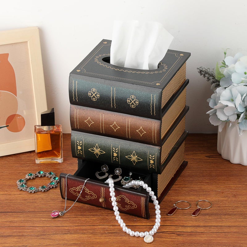 Hoowen Antique Wooden Book Tissue Holder with Storage Drawer, Square Tissue Box Cover Decorative Tissue Dispenser Case Retro Vintage Library Decor for Table Desk Bathroom Living Room Office - Image 2
