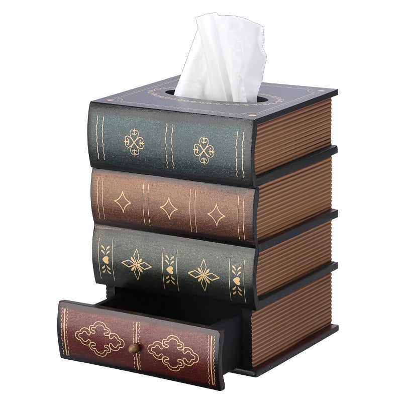 Hoowen Antique Wooden Book Tissue Holder with Storage Drawer, Square Tissue Box Cover Decorative Tissue Dispenser Case Retro Vintage Library Decor for Table Desk Bathroom Living Room Office - Image 1