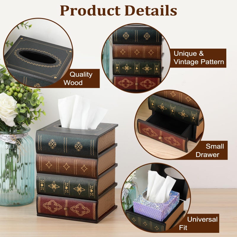 Hoowen Antique Wooden Book Tissue Holder with Storage Drawer, Square Tissue Box Cover Decorative Tissue Dispenser Case Retro Vintage Library Decor for Table Desk Bathroom Living Room Office - Image 5
