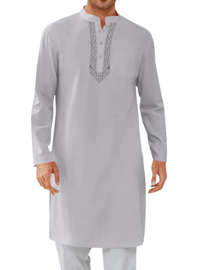 Runcati Mens Kaftan Thobe Button Down Casual Henley Shirts Long Sleeve Robe Cotton Linen Muslim Gown Shirt Grey - Image 1
