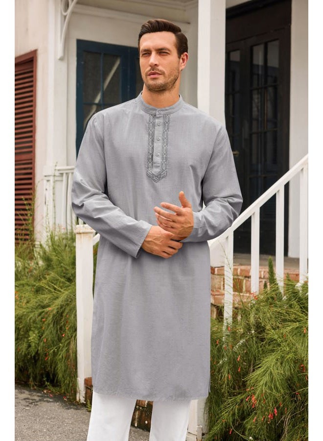 Runcati Mens Kaftan Thobe Button Down Casual Henley Shirts Long Sleeve Robe Cotton Linen Muslim Gown Shirt Grey - Image 2
