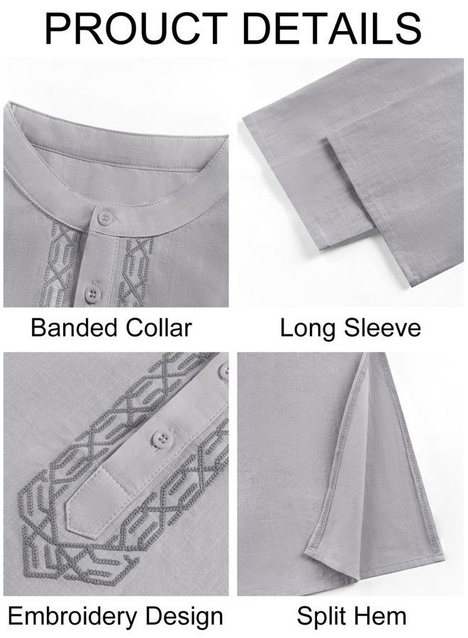Runcati Mens Kaftan Thobe Button Down Casual Henley Shirts Long Sleeve Robe Cotton Linen Muslim Gown Shirt Grey - Image 5