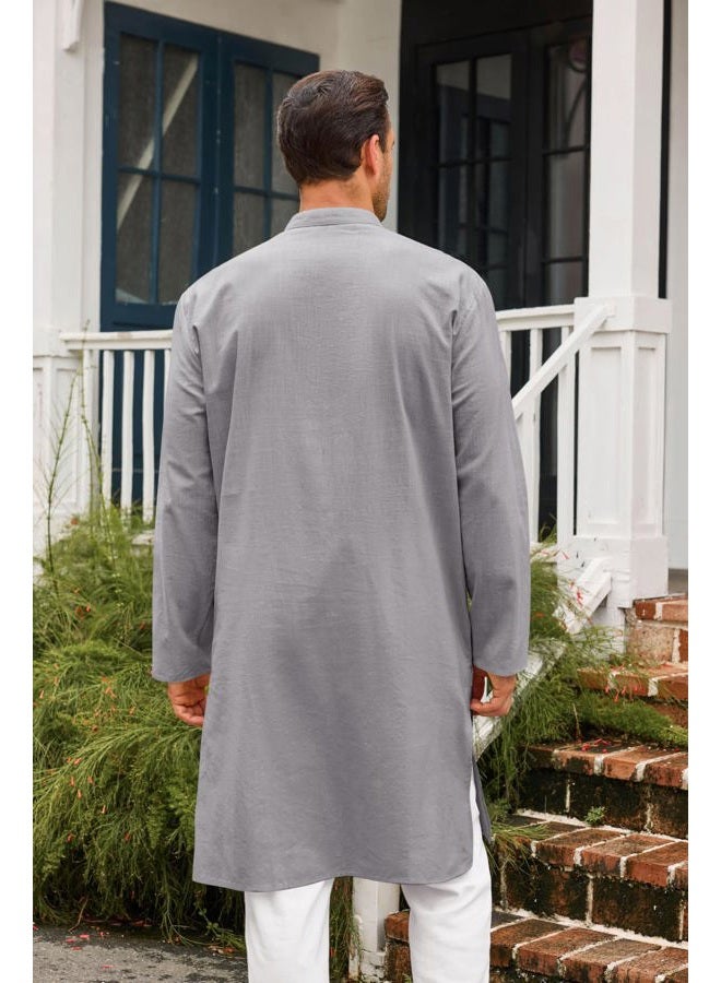 Runcati Mens Kaftan Thobe Button Down Casual Henley Shirts Long Sleeve Robe Cotton Linen Muslim Gown Shirt Grey - Image 3