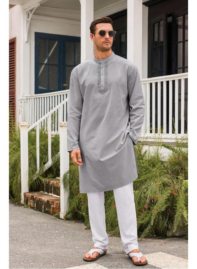 Runcati Mens Kaftan Thobe Button Down Casual Henley Shirts Long Sleeve Robe Cotton Linen Muslim Gown Shirt Grey - Image 4