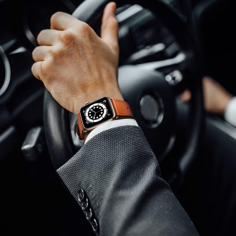 سوار OUHENG المتوافق مع ساعة أبل ووتش مقاس 45مم 44مم 42مم 41مم 40مم 38مم، سوار جلدي أصلي كبديل لسوار iWatch SE السلسلة 7 6 5 4 3 2 1 - Image 5