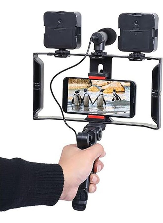 التخطيط حامل ثلاثي القوائم لكاميرا الفيديو 5 في 1 مع قبضة وميكروفون وإضاءة LED - Image 1