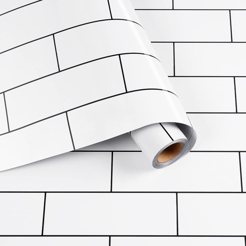 HelloWall Black White Brick Peel and Stick Wallpaper White Tile Wallpaper Aluminum Subway Tile Contact Paper Roll Removable Waterproof Stick on Kitchen Backsplash School Locker Wall Paper 17.7"x80" - Image 1