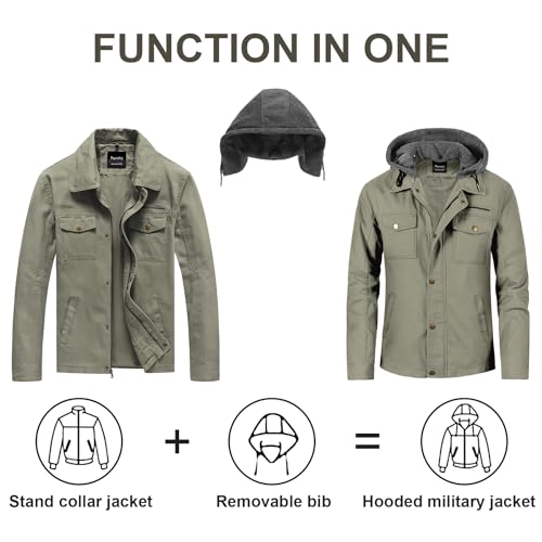 Pursky Military Jackets For Men Work Coats Stand Collar Jacket Casual Canvas Work Jackets Cotton Lapel Windbreaker Mens Coat Light Olive S - Image 2