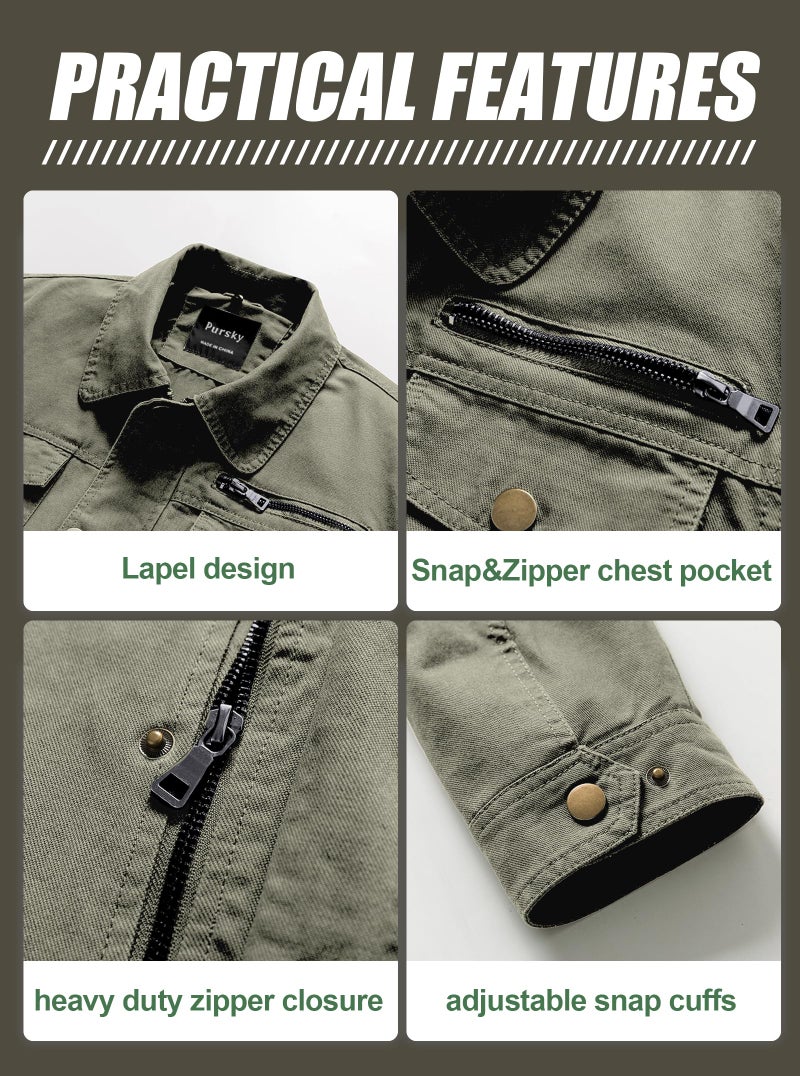 Pursky Military Jackets For Men Work Coats Stand Collar Jacket Casual Canvas Work Jackets Cotton Lapel Windbreaker Mens Coat Light Olive S - Image 5