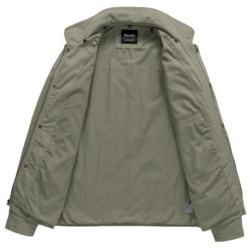 Pursky Military Jackets For Men Work Coats Stand Collar Jacket Casual Canvas Work Jackets Cotton Lapel Windbreaker Mens Coat Light Olive S - Image 4