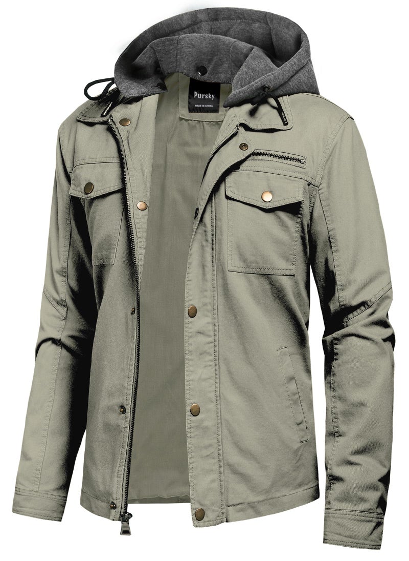 Pursky Military Jackets For Men Work Coats Stand Collar Jacket Casual Canvas Work Jackets Cotton Lapel Windbreaker Mens Coat Light Olive S - Image 1