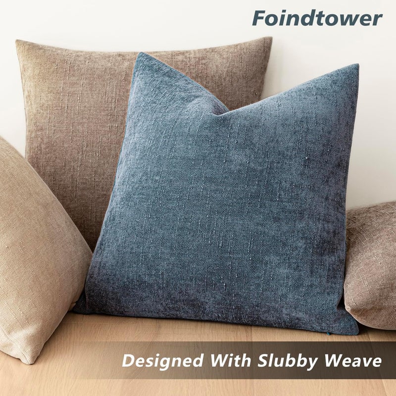 Foindtower Pack of 2 Soft Textured Chenille Throw Decorative Pillow Covers Square Accent Solid Cushion Cover Cozy Neutral Farmhouse Pillow Case for Couch Sofa Bedroom Living Room 16x16 Inch,Blue - Image 5