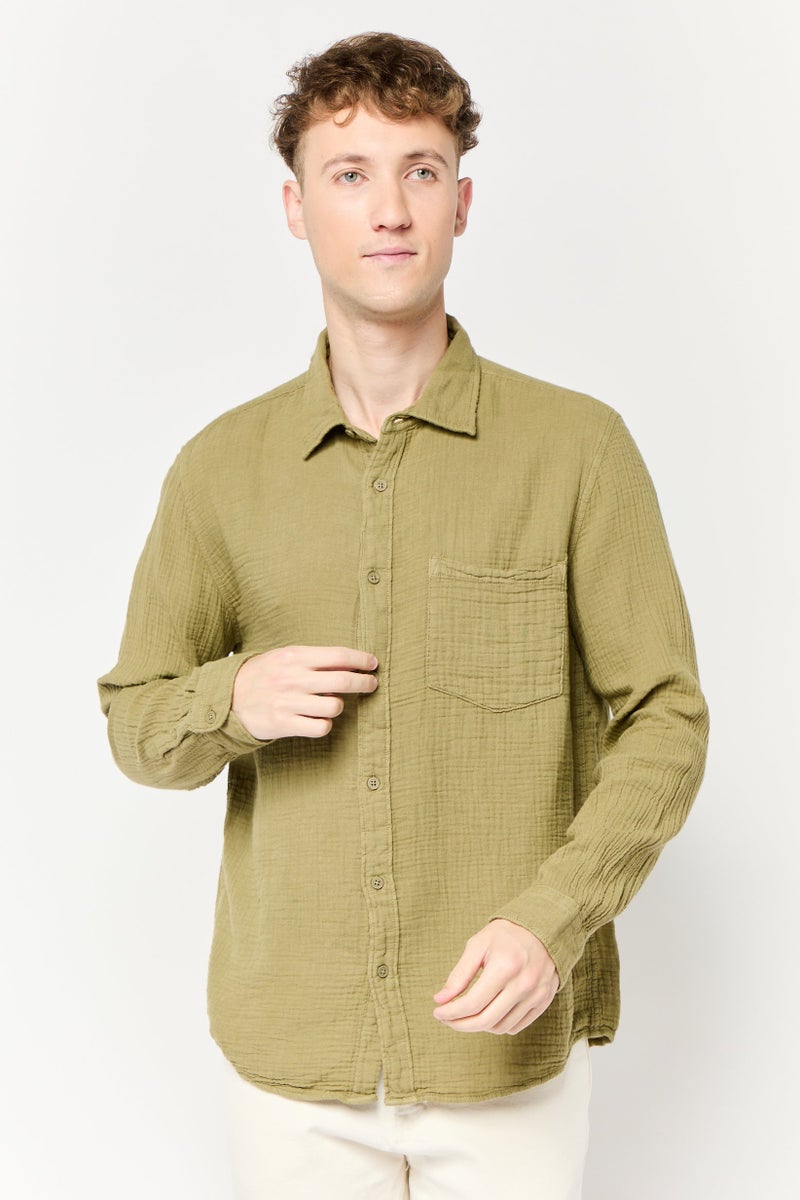Celio Men Regular Fit Textured Long Sleeves Casual Shirt, Olive  - Image 1