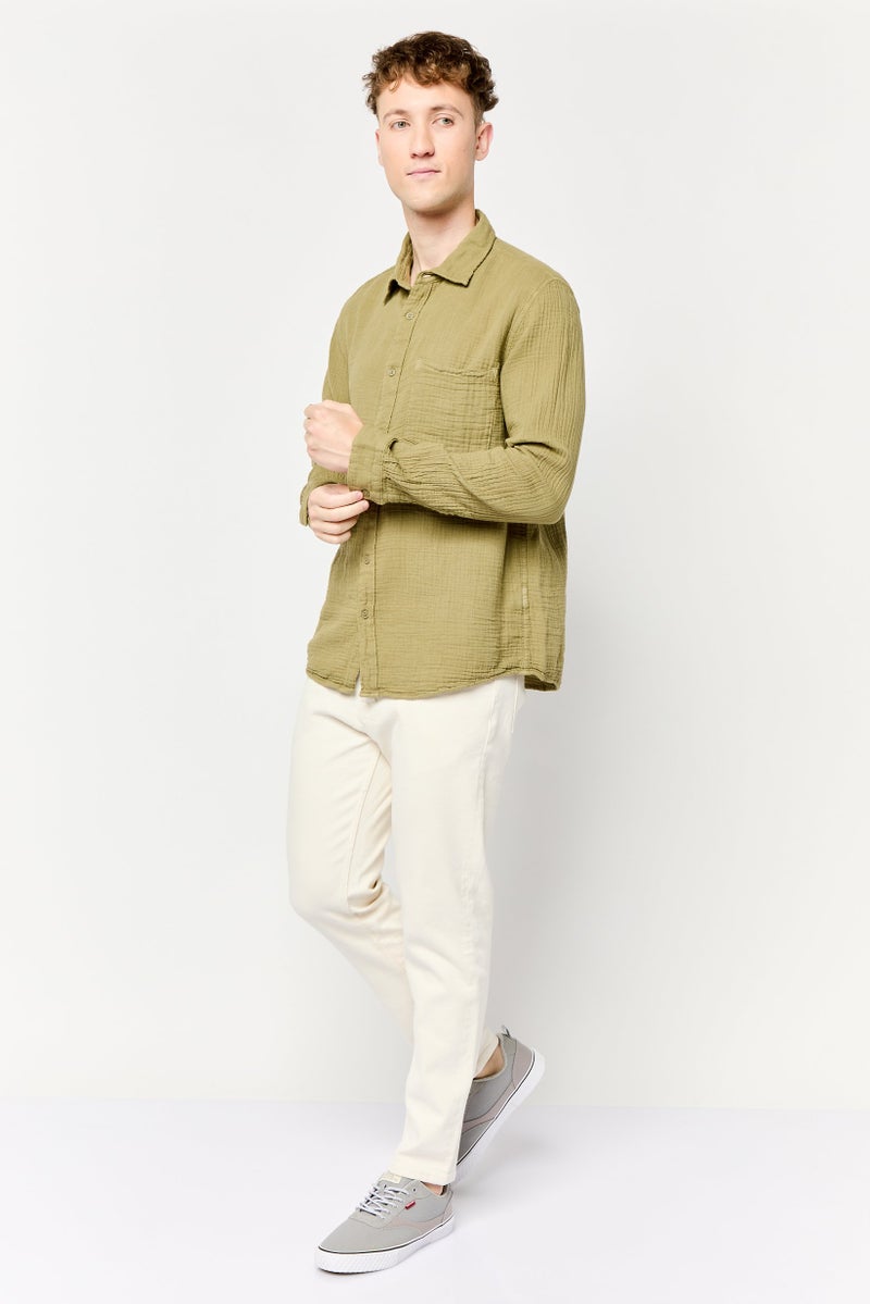 Celio Men Regular Fit Textured Long Sleeves Casual Shirt, Olive  - Image 2