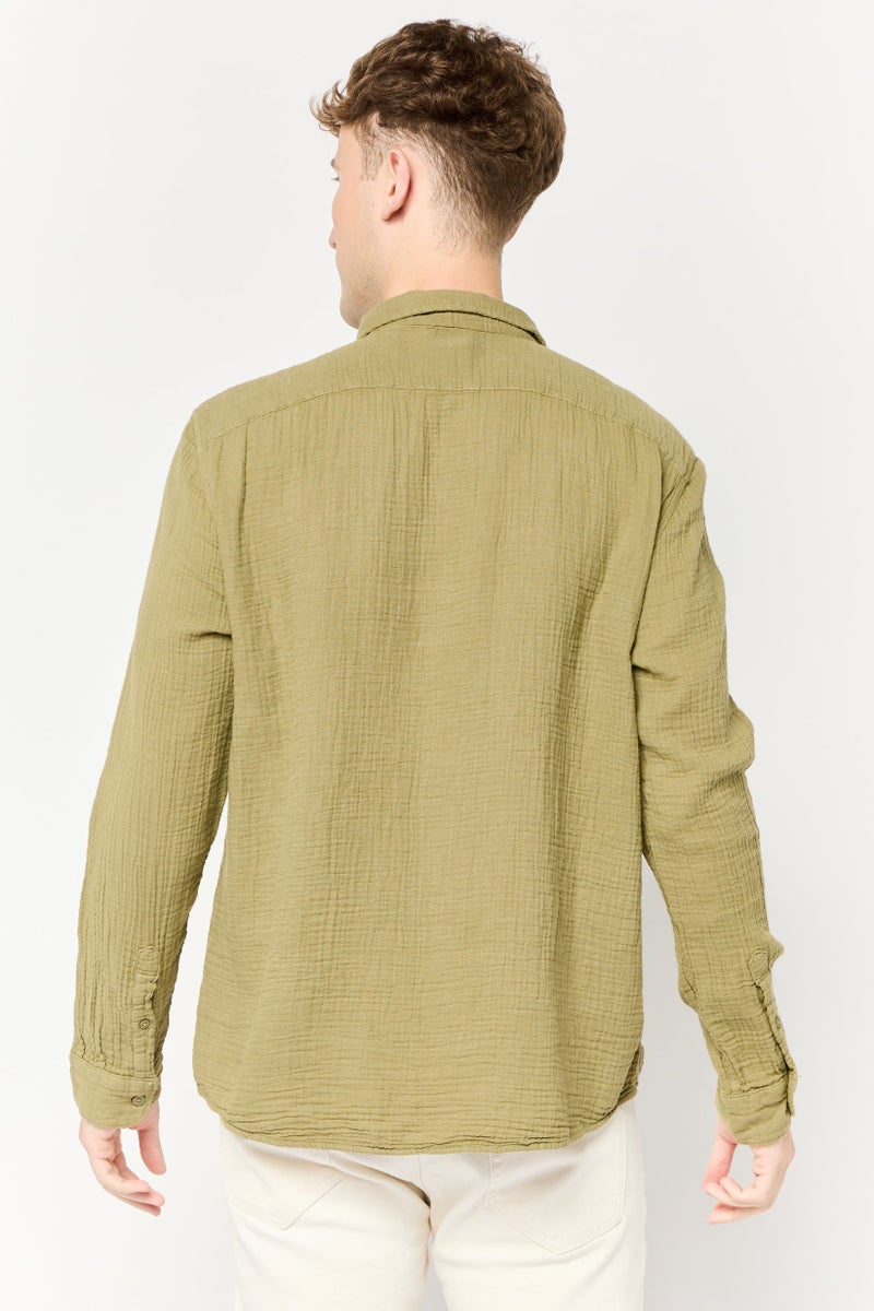 Celio Men Regular Fit Textured Long Sleeves Casual Shirt, Olive  - Image 4