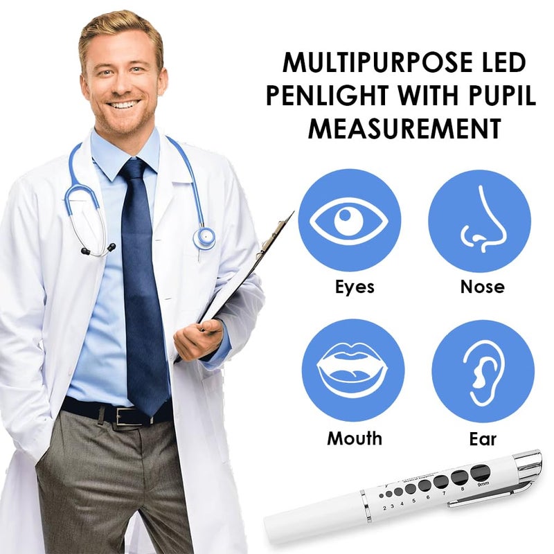 PRIMACARE قلم ضوء تشخيصي LED من برايم كير DL9325 مع مقياس بؤبؤ مطبوع قابل لإعادة الاستخدام وخفيف الوزن للأطباء وطلاب التمريض و EMT مع بطاريات مضمّنة باللون الأبيض - Image 4
