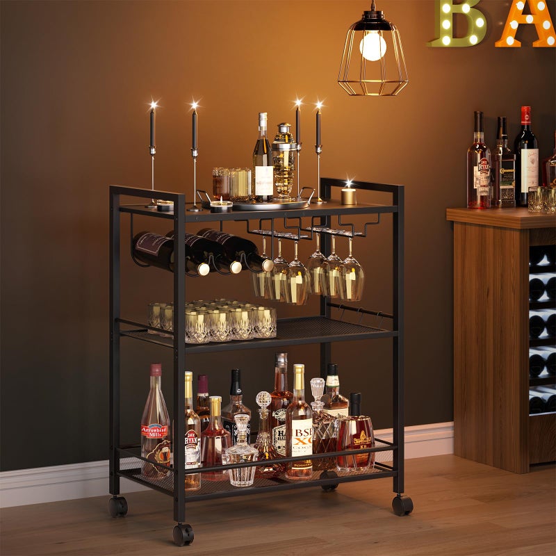 Joaxswe Bar Cart, Home Bar Serving Cart with 3-Tier Shelf,Microwave Cart with Lockable Wheels,Mobile Kitchen Shelf,Rolling Beverage Cart with Wine Rack and Glass Holder for Kitchen,Dinning Room,Black - Image 4