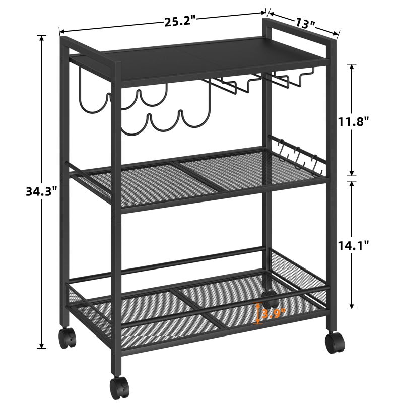 Joaxswe Bar Cart, Home Bar Serving Cart with 3-Tier Shelf,Microwave Cart with Lockable Wheels,Mobile Kitchen Shelf,Rolling Beverage Cart with Wine Rack and Glass Holder for Kitchen,Dinning Room,Black - Image 2