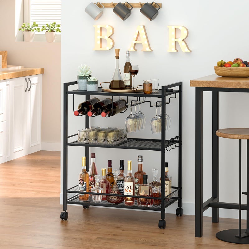 Joaxswe Bar Cart, Home Bar Serving Cart with 3-Tier Shelf,Microwave Cart with Lockable Wheels,Mobile Kitchen Shelf,Rolling Beverage Cart with Wine Rack and Glass Holder for Kitchen,Dinning Room,Black - Image 5
