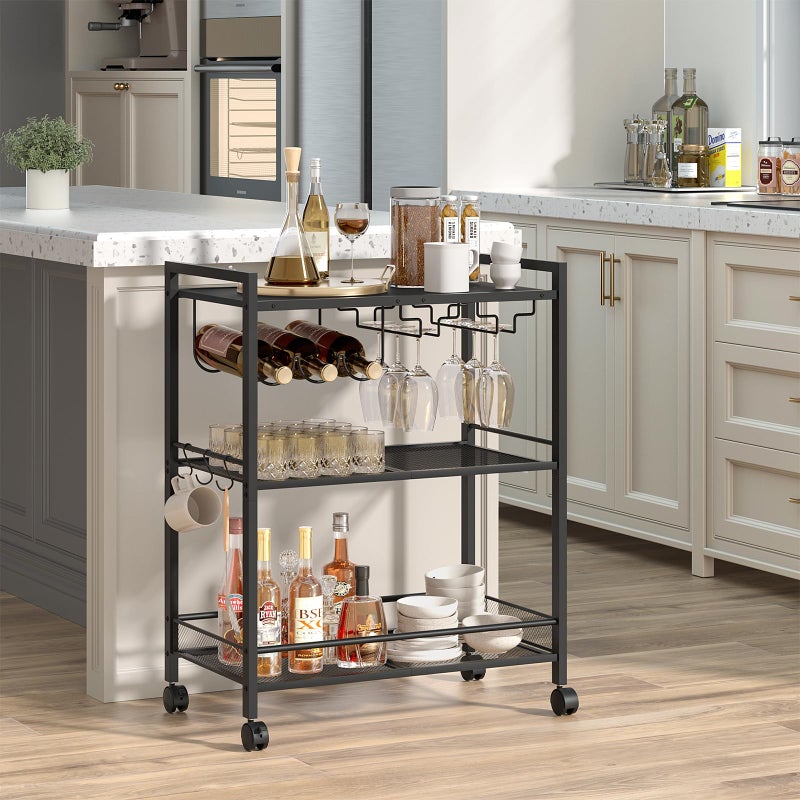 Joaxswe Bar Cart, Home Bar Serving Cart with 3-Tier Shelf,Microwave Cart with Lockable Wheels,Mobile Kitchen Shelf,Rolling Beverage Cart with Wine Rack and Glass Holder for Kitchen,Dinning Room,Black - Image 3