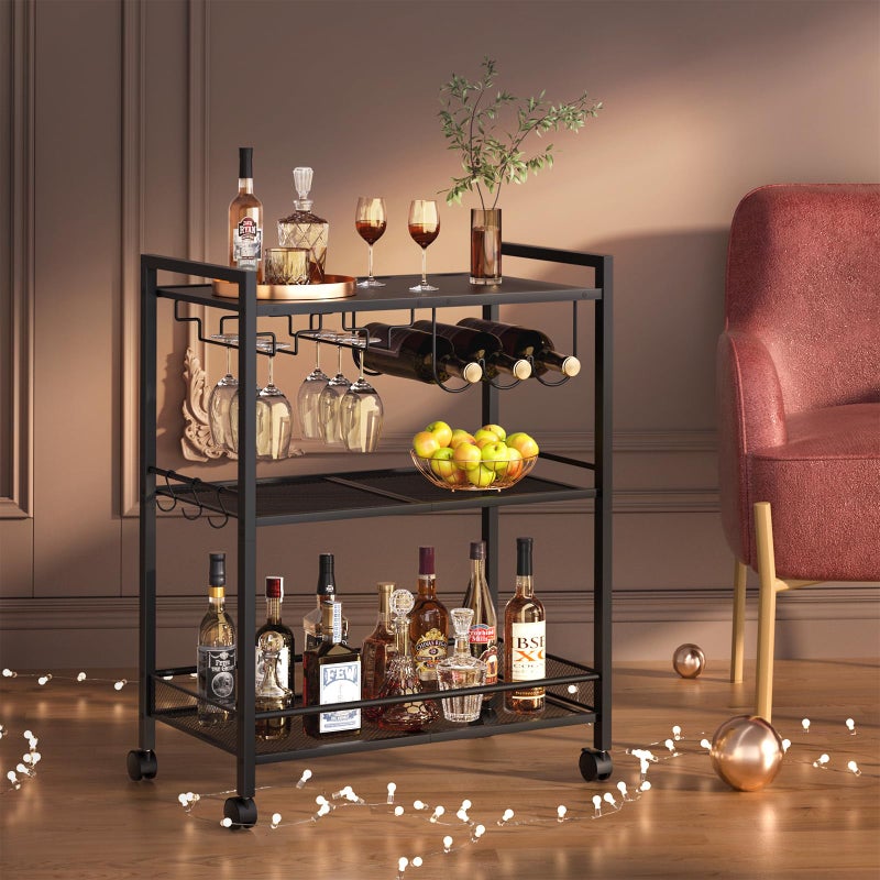Joaxswe Bar Cart, Home Bar Serving Cart with 3-Tier Shelf,Microwave Cart with Lockable Wheels,Mobile Kitchen Shelf,Rolling Beverage Cart with Wine Rack and Glass Holder for Kitchen,Dinning Room,Black - Image 1