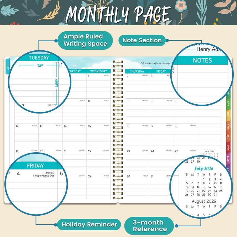 Artfan Teacher Planner 2026-2027- Teacher Planner, Teacher Lesson Planner from July 2026 to June 2027, 9" x 11", Spiral Bound,Lesson Plan Book with Colourful Monthly Tabs, Inner Pocket - Image 3