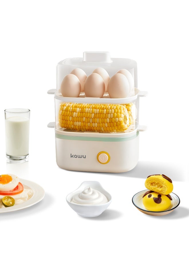  كاو KAWU جهاز طهي البيض ذو الطبقتين بسعة 12 بيضة 300 واط، جهاز طهي البيض الكهربائي المزود بخاصية الإيقاف التلقائي والحماية من الغليان الجاف، جهاز طهي متعدد الوظائف للذرة/الخضروات/الحلويات (أبيض) - Image 1