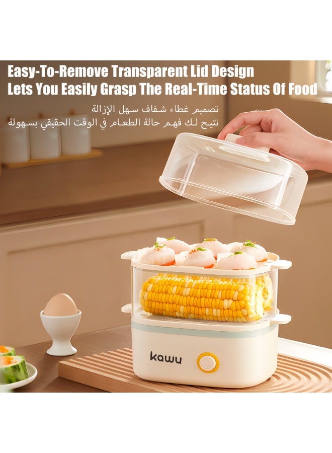  كاو KAWU جهاز طهي البيض ذو الطبقتين بسعة 12 بيضة 300 واط، جهاز طهي البيض الكهربائي المزود بخاصية الإيقاف التلقائي والحماية من الغليان الجاف، جهاز طهي متعدد الوظائف للذرة/الخضروات/الحلويات (أبيض) - Image 2
