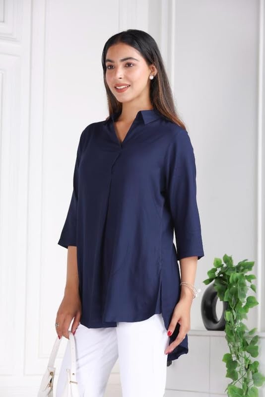 Mlada Store Mlada Rayon Flare Top for Women | Rayon Tunic Tops for Women Western | 3/4th Sleeve Regular Fit and Flare Top | Women Office Tops Tunic | Western Long Shirt Top for Women | Shirt Collar Top for Women - Image 2