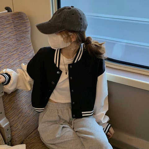 Autumn Winter Short Baseball Jacket Women Picture color 