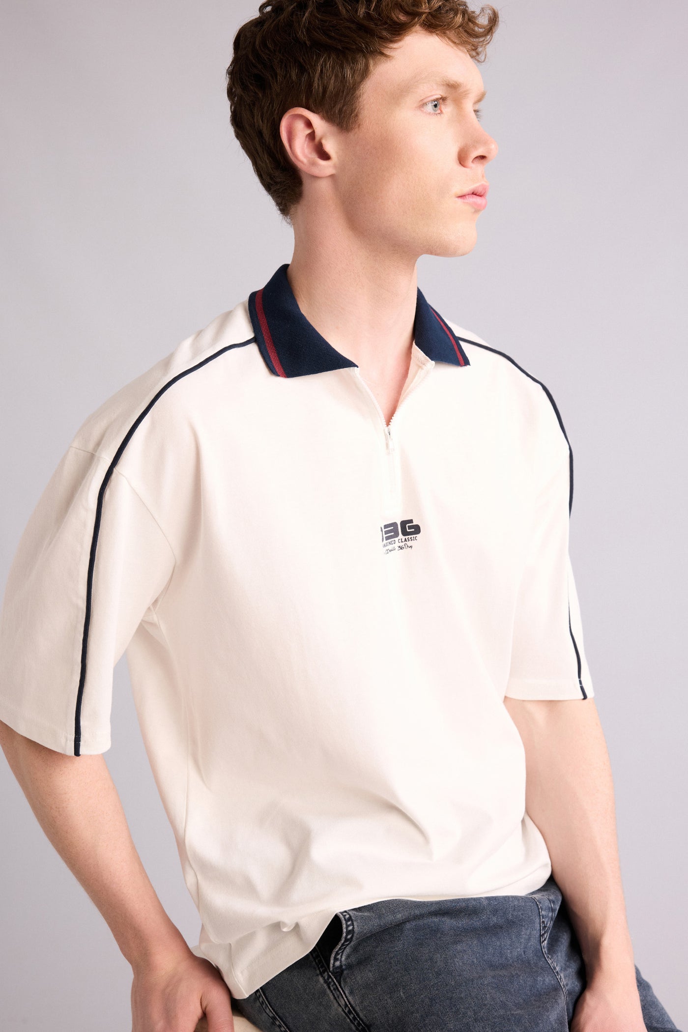 Beige Man Loose Fit Polo Collar Polo T-Shirt Casual