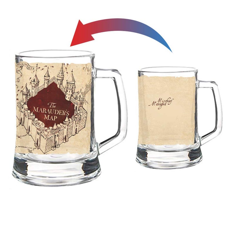 Morphing Mugs Harry Potter â€“ Marauderâ€™s Map â€“ Mischief Managed Quote - 16 oz Pint Size Glass Morphing Mugs Color Changing Clue Mug â€“ Full Image Revealed When COLD Liquid Is Added - Image 1