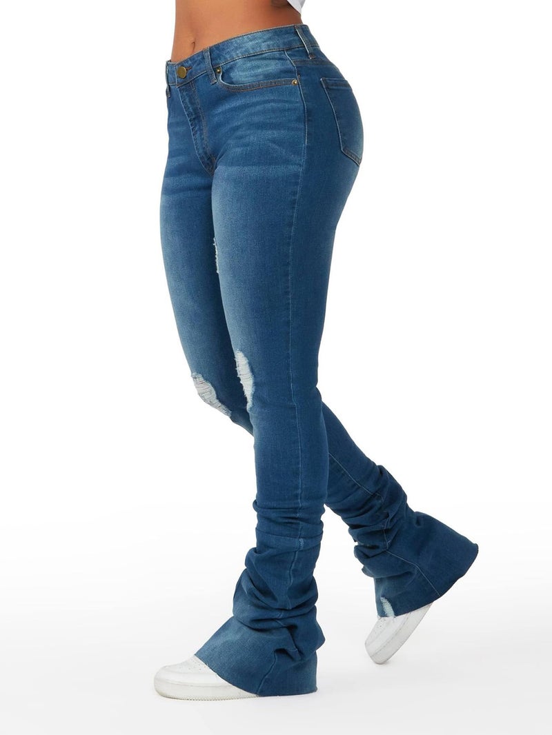 HBER Stacked Flared Jeans for Women High Waisted Stretchy Slim Fit Skinny Bell Bottom Jeans Trendy Flare Denim Pants Dark Blue - Image 3
