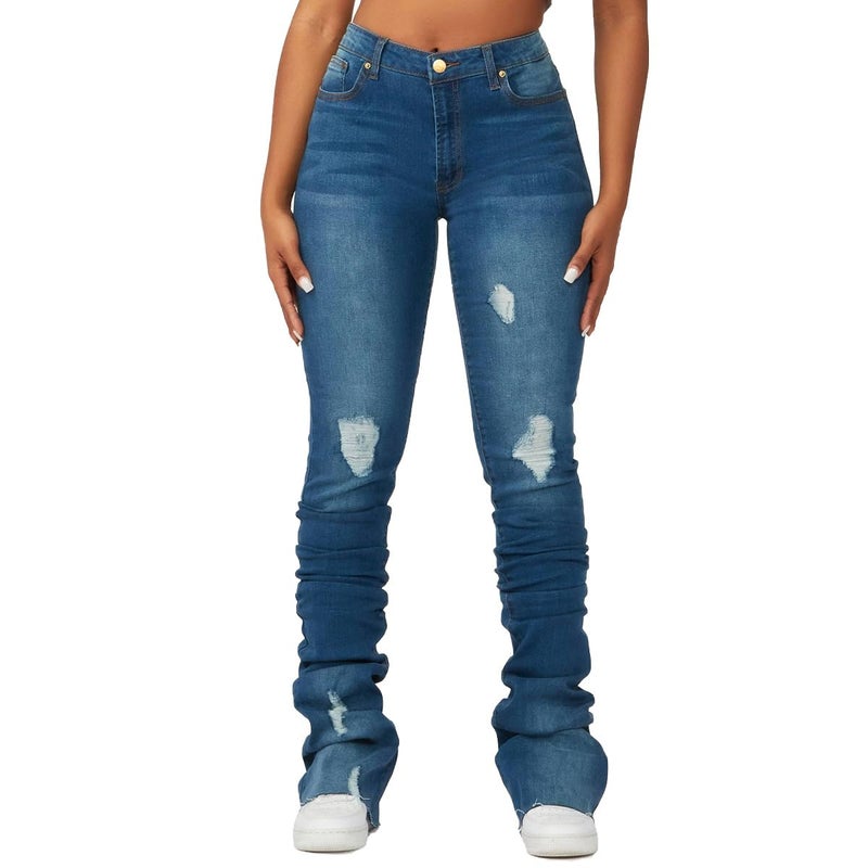 HBER Stacked Flared Jeans for Women High Waisted Stretchy Slim Fit Skinny Bell Bottom Jeans Trendy Flare Denim Pants Dark Blue - Image 1