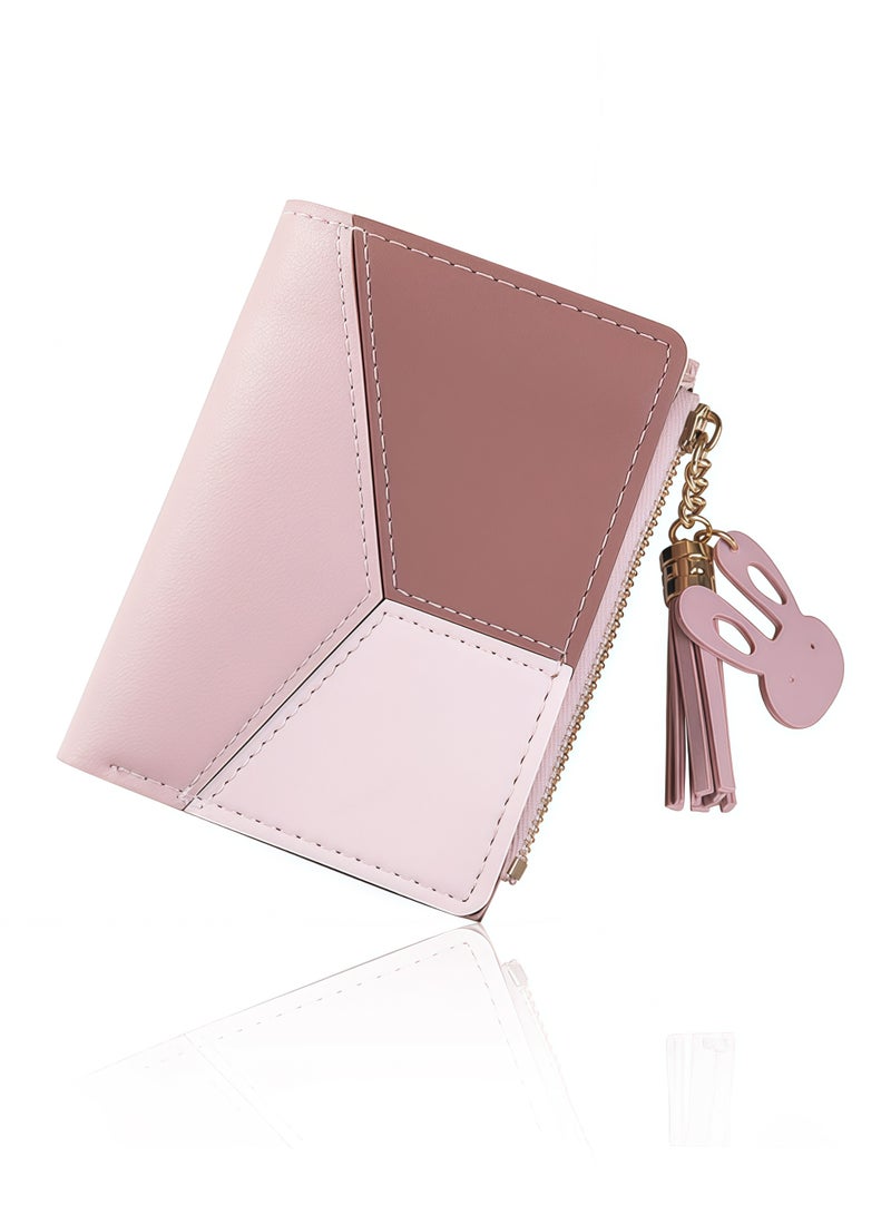 Ladies Zipper Wallet, Small Purse with Metal Snap Button, Leather Wallet for Women with Coin Bag, Multifunction Ladies Bifold Wallets, Credit Card Holder Wallet for Girls (pink) - Image 1