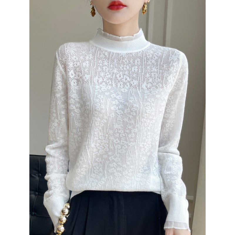 Z-Style Thin Pink Lace Blouse with a Half-High Collar, Suitable as a Base Layer for Sweaters, Featuring Hollow-Out Wool and Ruffled Edges - Image 5