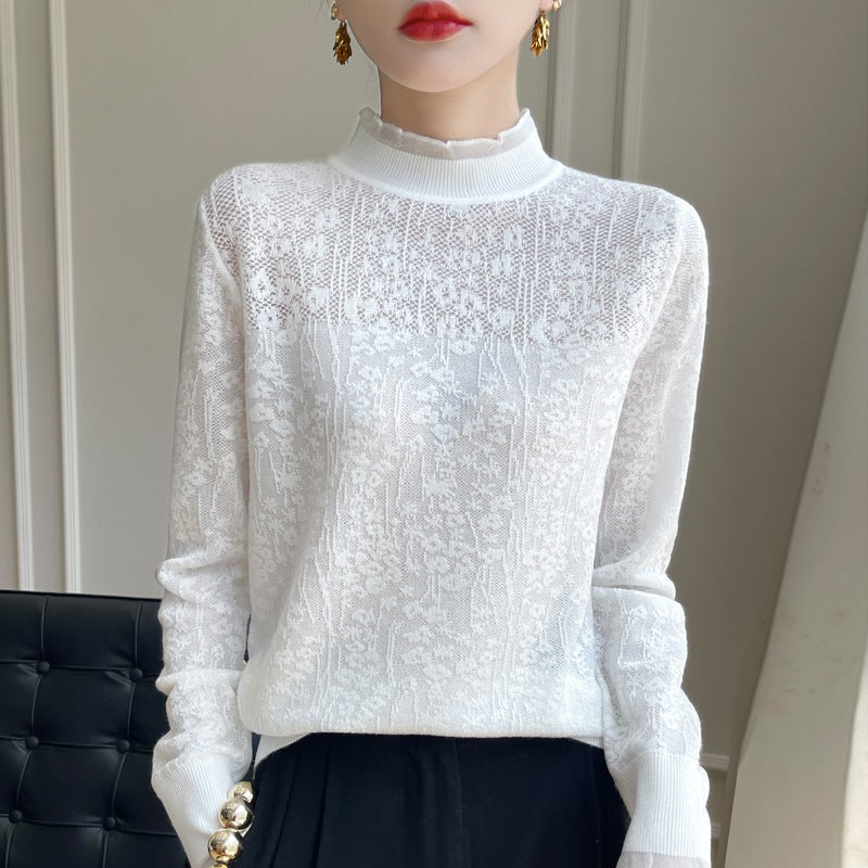 Z-Style Thin Pink Lace Blouse with a Half-High Collar, Suitable as a Base Layer for Sweaters, Featuring Hollow-Out Wool and Ruffled Edges - Image 1