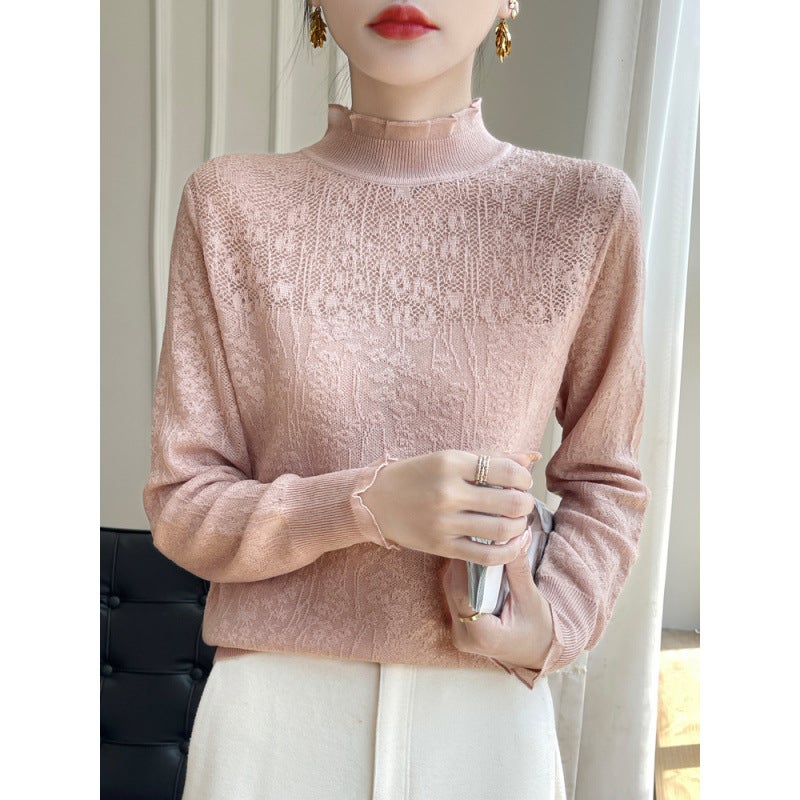 Z-Style Thin Pink Lace Blouse with a Half-High Collar, Suitable as a Base Layer for Sweaters, Featuring Hollow-Out Wool and Ruffled Edges - Image 2