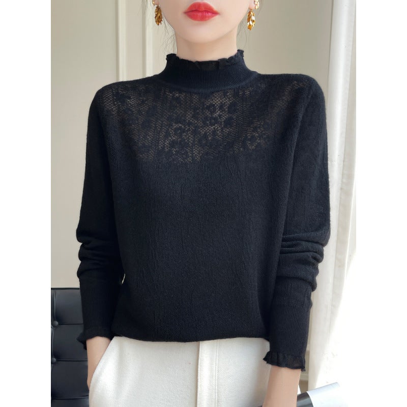 Z-Style Thin Pink Lace Blouse with a Half-High Collar, Suitable as a Base Layer for Sweaters, Featuring Hollow-Out Wool and Ruffled Edges - Image 3