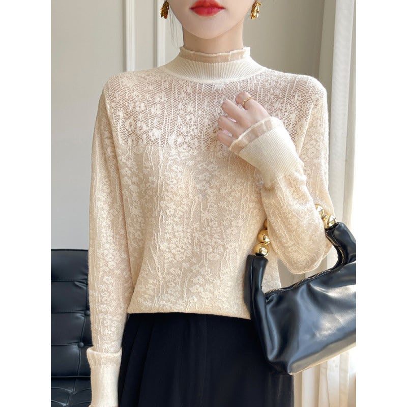 Z-Style Thin Pink Lace Blouse with a Half-High Collar, Suitable as a Base Layer for Sweaters, Featuring Hollow-Out Wool and Ruffled Edges - Image 4