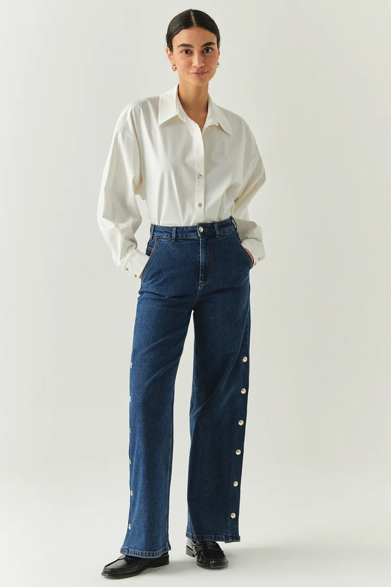 EXQUISE Wide Leg Regular Denim Indigo Trousers with Snap Button Side Pockets