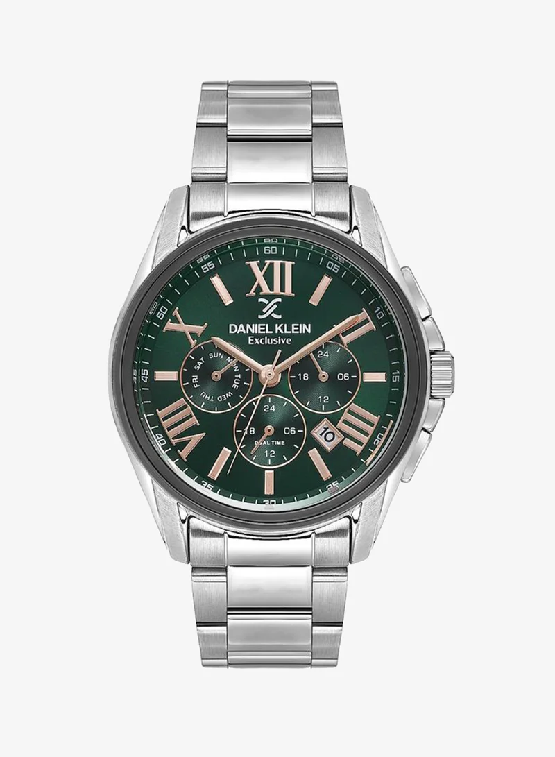 دانيل كلاين ساعة رجالية ستانلس ستيل | هيكل من سبيكة فضية وسوداء | تناظري | قرص دائري أخضر داكن بنمط شعاعي | حركة كوارتز يابانية | حصرية | مقاومة للماء حتى عمق 50 مترًا