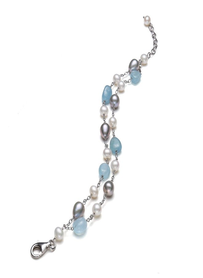 Belacqua Milky Blue Aquamarine and Pearls Chain Station Tin Cup Bracelet in Sterling Silver, Length- 7.5 Inches, Real Pearl Jewelry for Women, Gift Box Included - Image 4