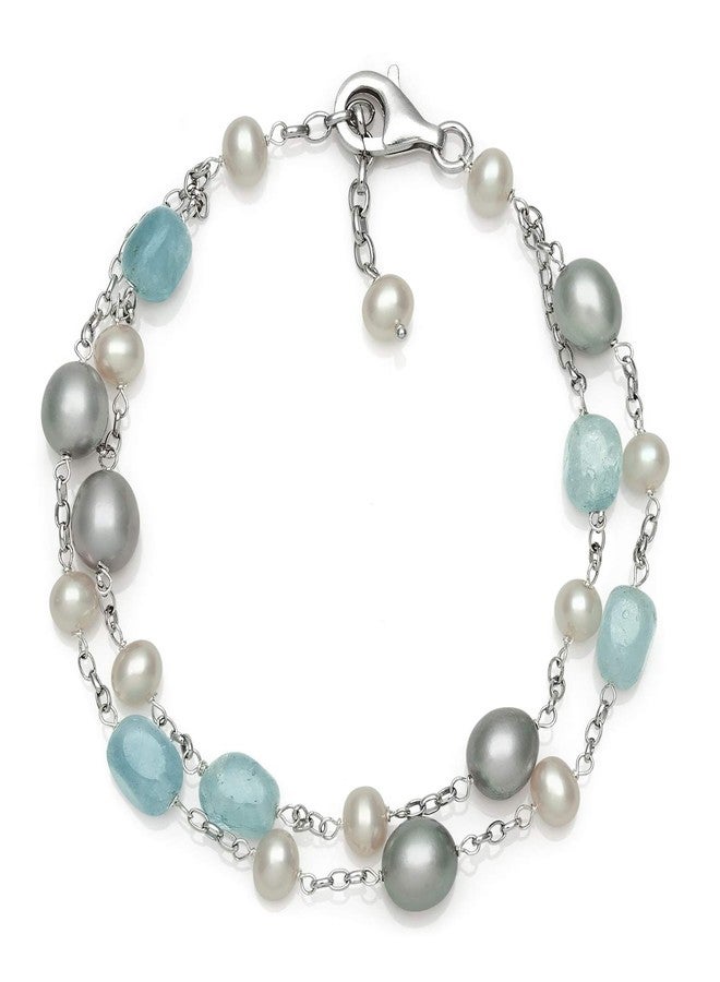 Belacqua Milky Blue Aquamarine and Pearls Chain Station Tin Cup Bracelet in Sterling Silver, Length- 7.5 Inches, Real Pearl Jewelry for Women, Gift Box Included - Image 1